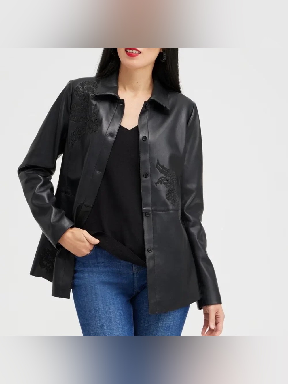 Chico's faux leather shirt-jacket with embroidered appliqué (size 18). This piec